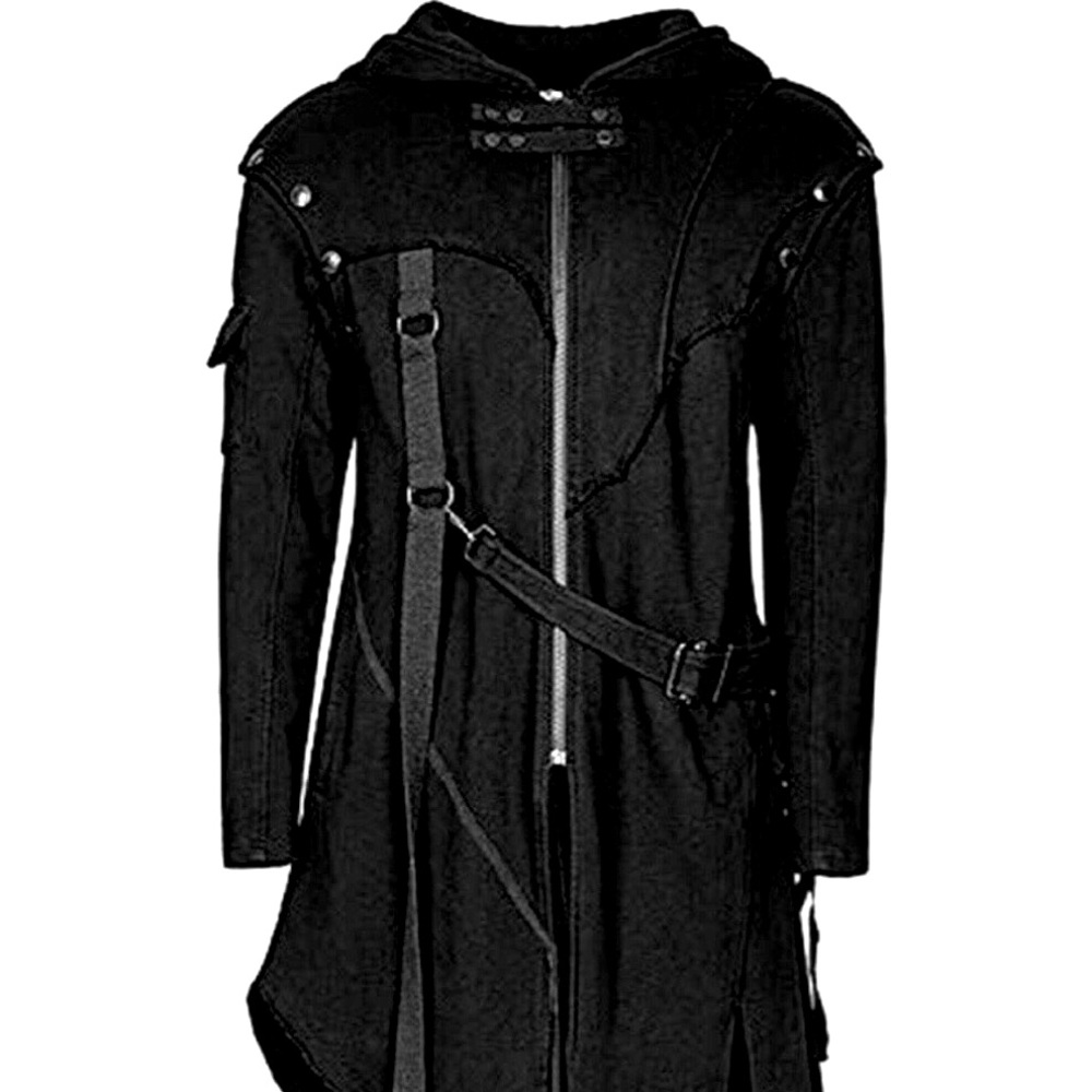 Goth Black Long Anime Buckle Strap Hooded Coat Jacket XL